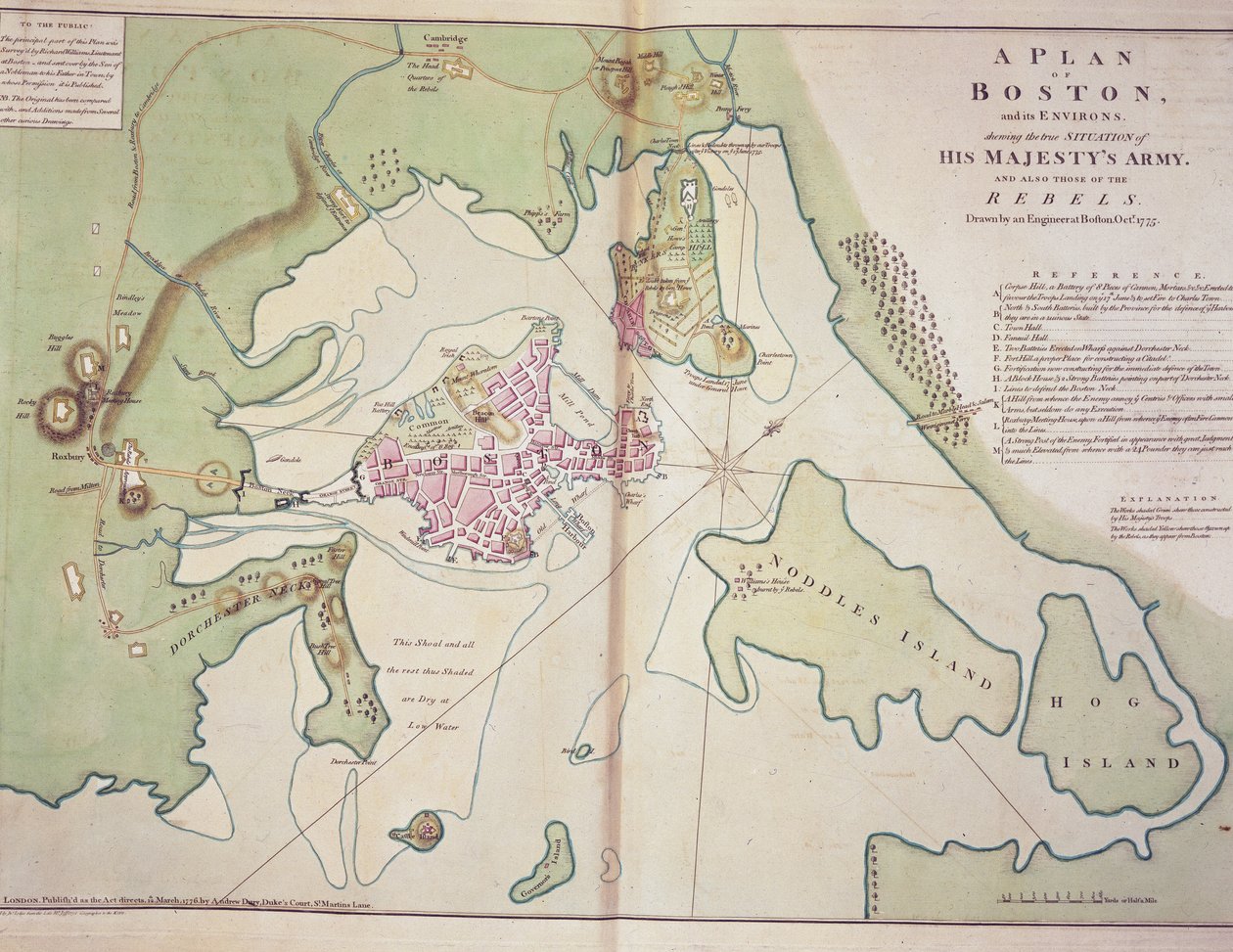 Plan over Boston og dets omegn, der viser positionen for de britiske styrker og de amerikanske oprørsstyrker, tegnet oktober 1775, trykt i 