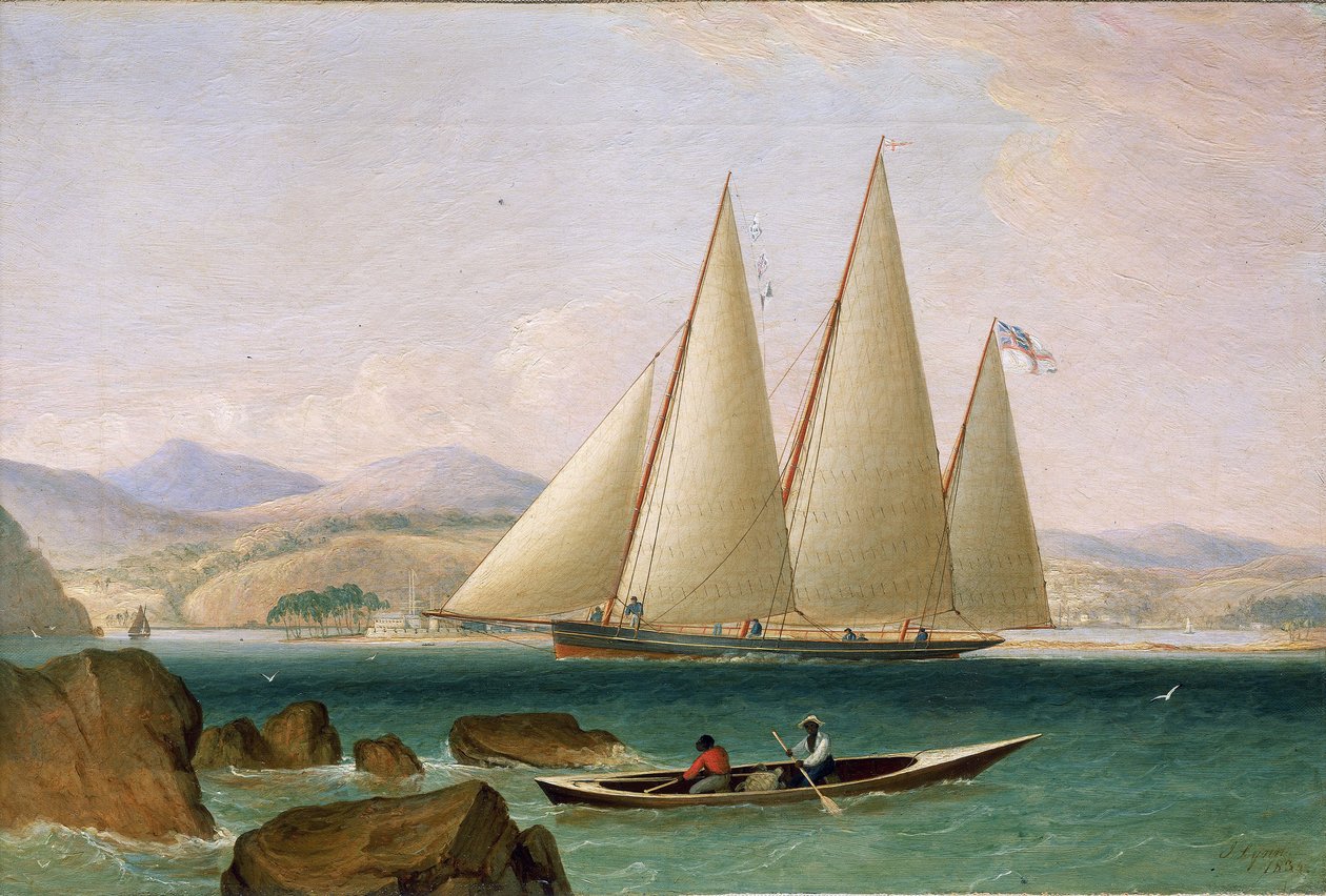 En skonnert ud for Port Royal, ved indsejlingen til Kingston (Jamaica). Olie på lærred af John Lynn