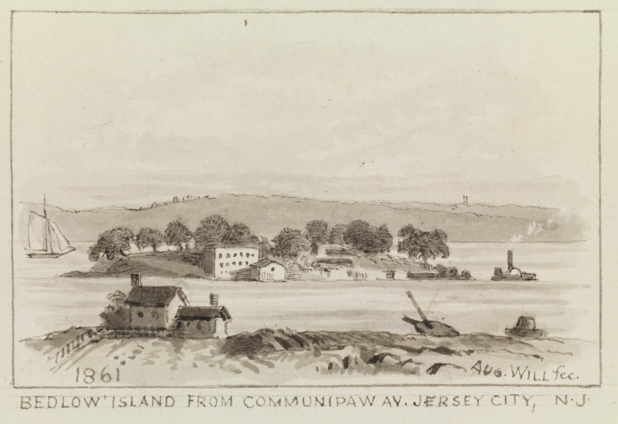 Bedloe Island fra Communipaw Ave., Jersey City, N.J., 1861 af John M. August Will