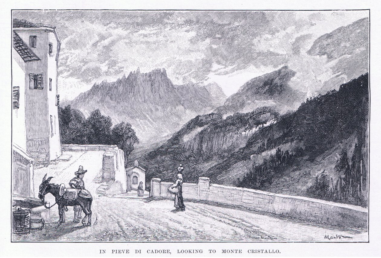 I Pieve Di Cadore, ser til Monte Cristallo, fra The Magazine of Art 1893, Cassell and Company af John MacWhirter