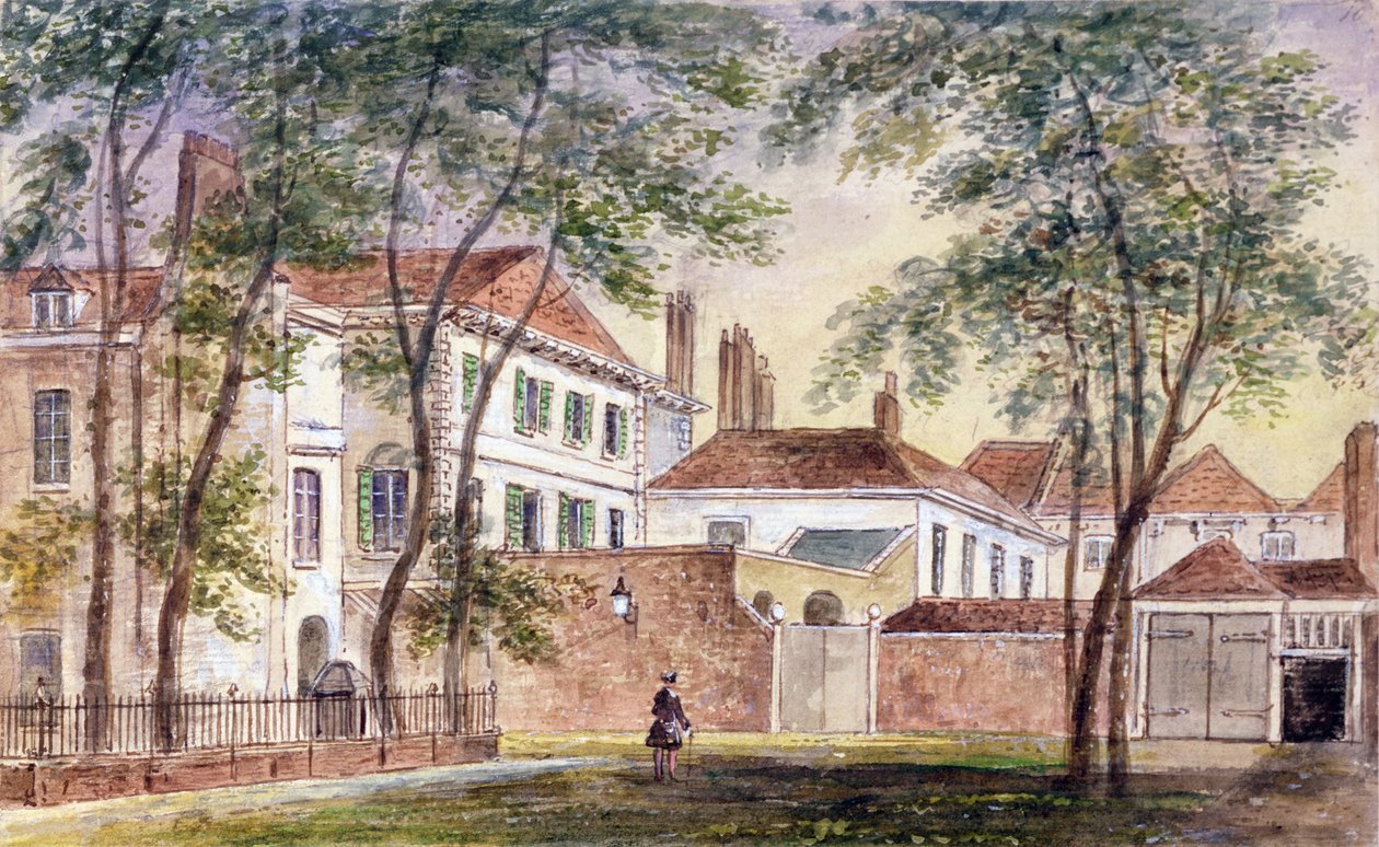 Udsigt over huset og museet for den sene hertuginde af Portland (1715-1785) 1796 (wc på papir) af John Mallord Bromley