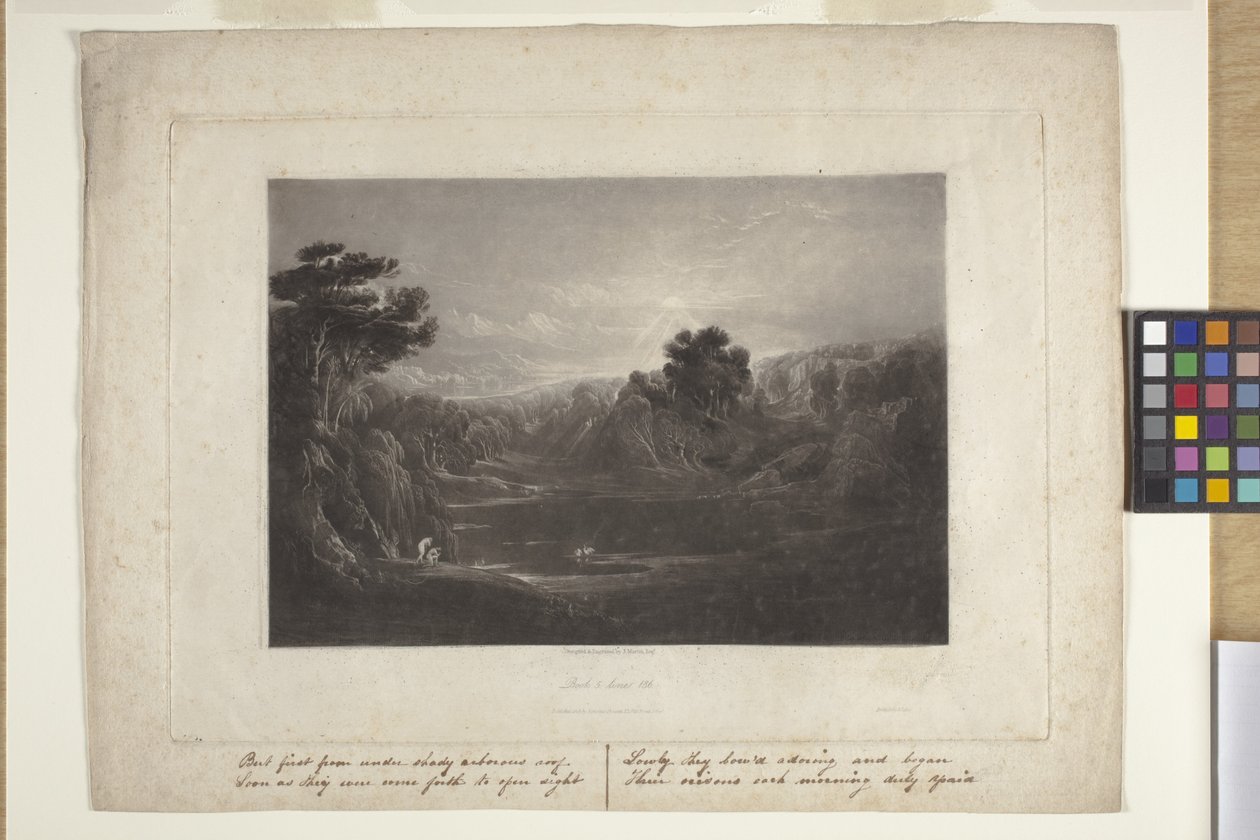 Paradis - Adam og Eva - Morgenhymnen (mezzotint) af John Marin