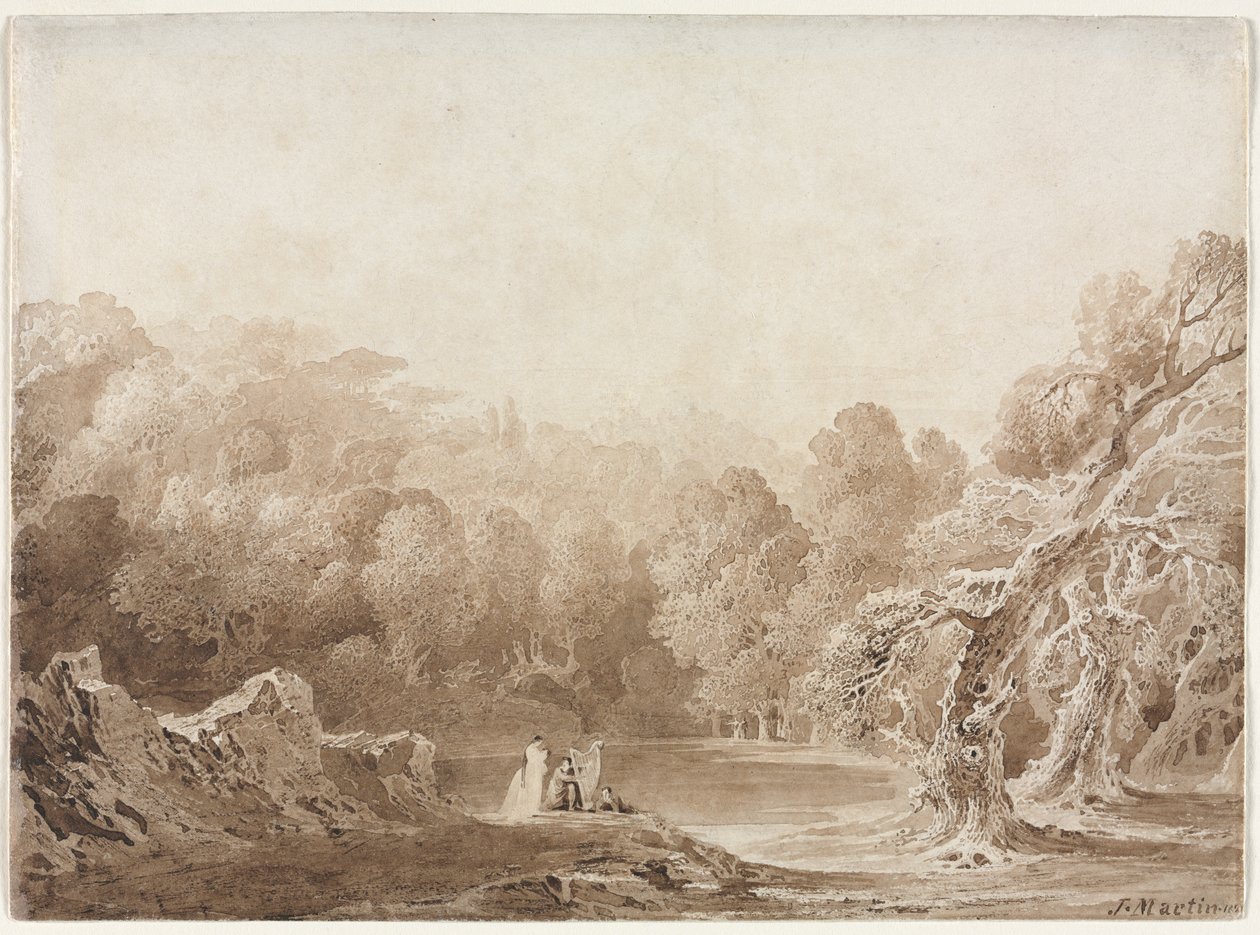 En mand, der spiller på en harpe med andre figurer ved siden af en sø, 1820. af John Martin