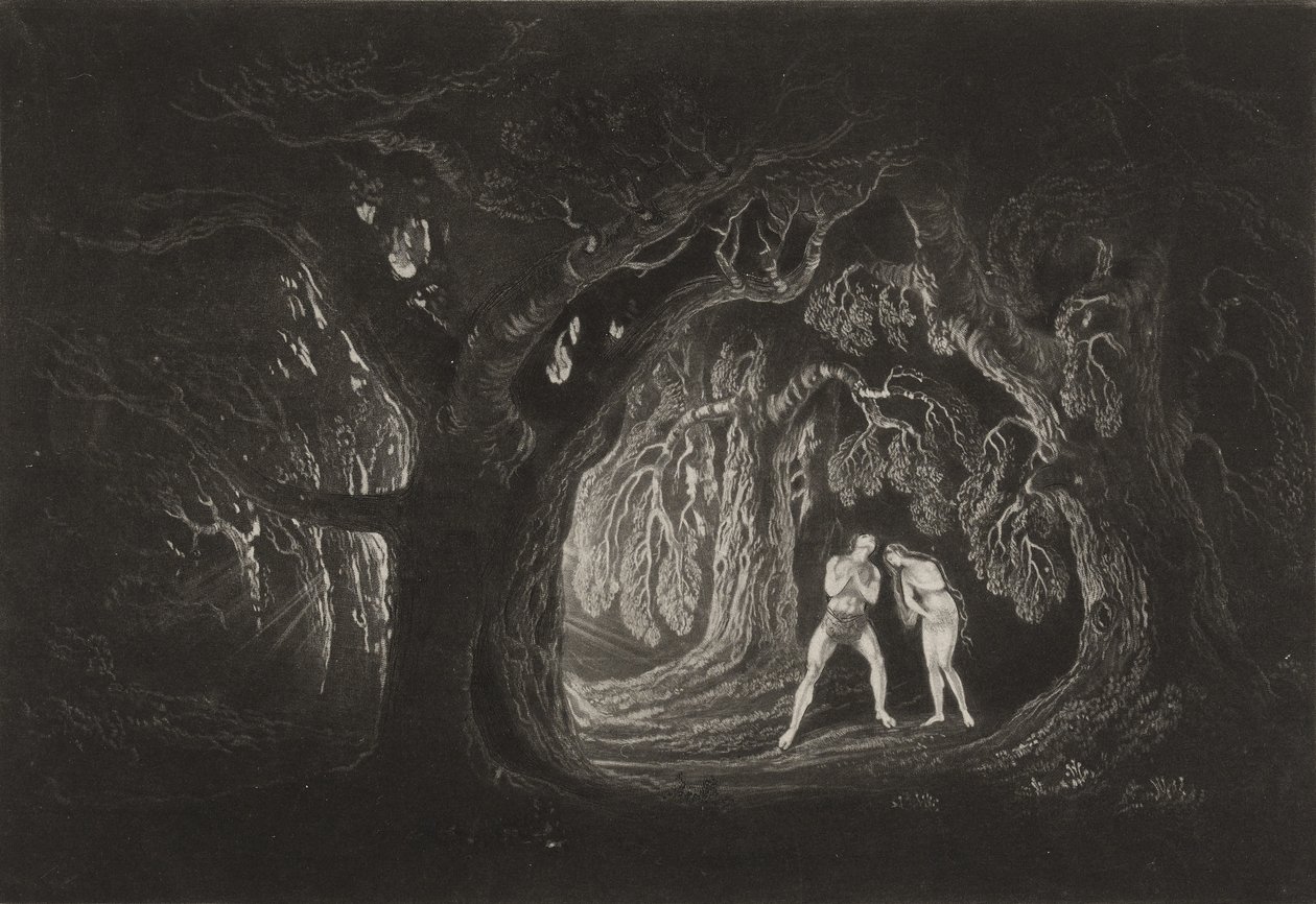Adam hører den Almægtiges stemme, ca. 1827 (mezzotint) af John Martin