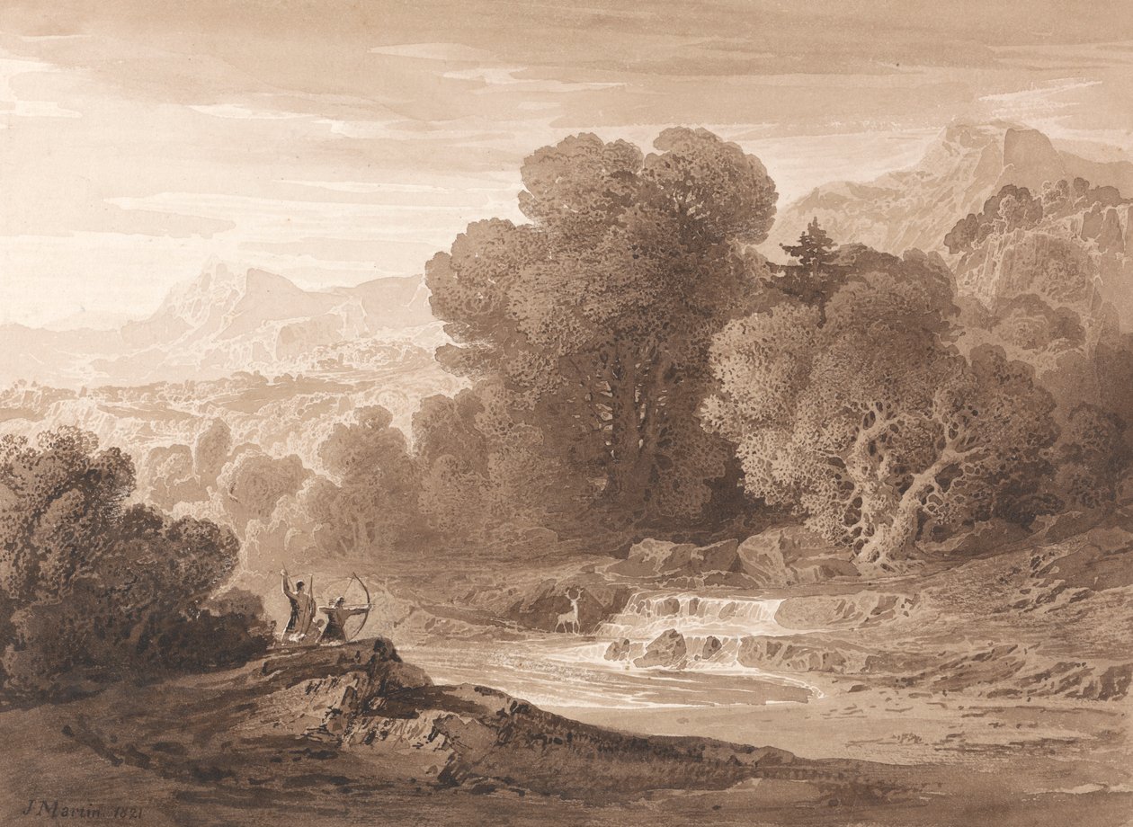 Bueskytter, der forfølger en kronhjort af John Martin
