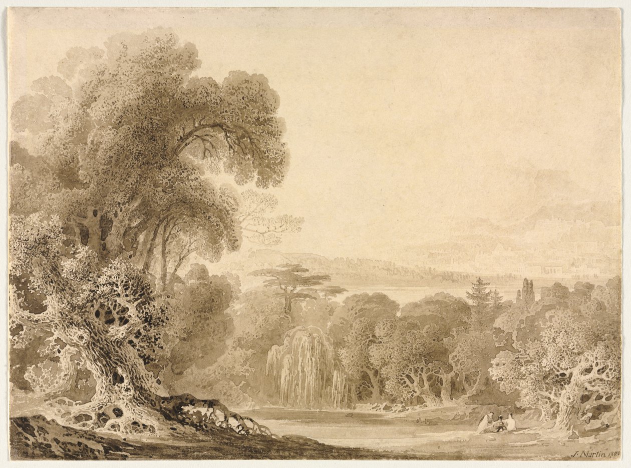 Figurer siddende ved en sø i et skovklædt landskab, 1820. af John Martin