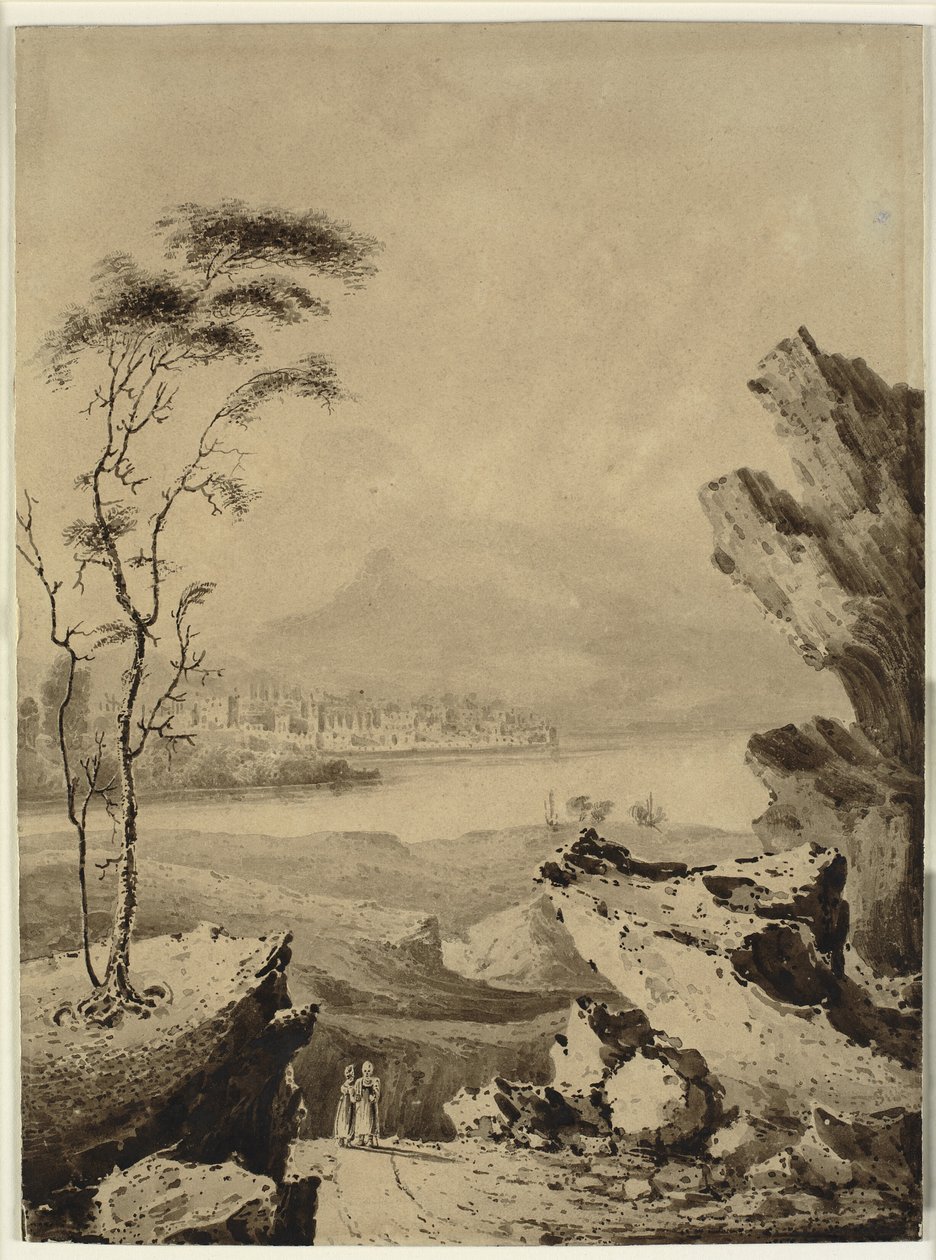 Italiensk landskab med sø, og med by og bjerge i baggrunden af John Martin
