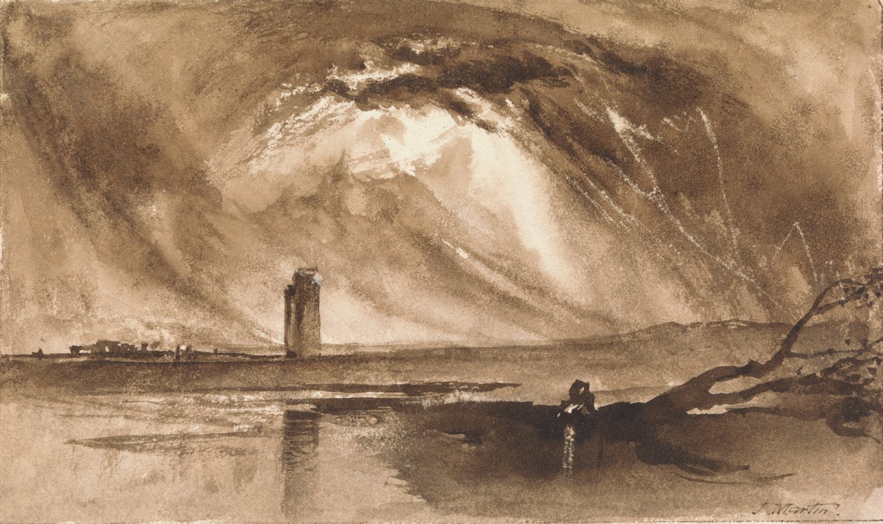Landskab med tårn og storm der nærmer sig af John Martin
