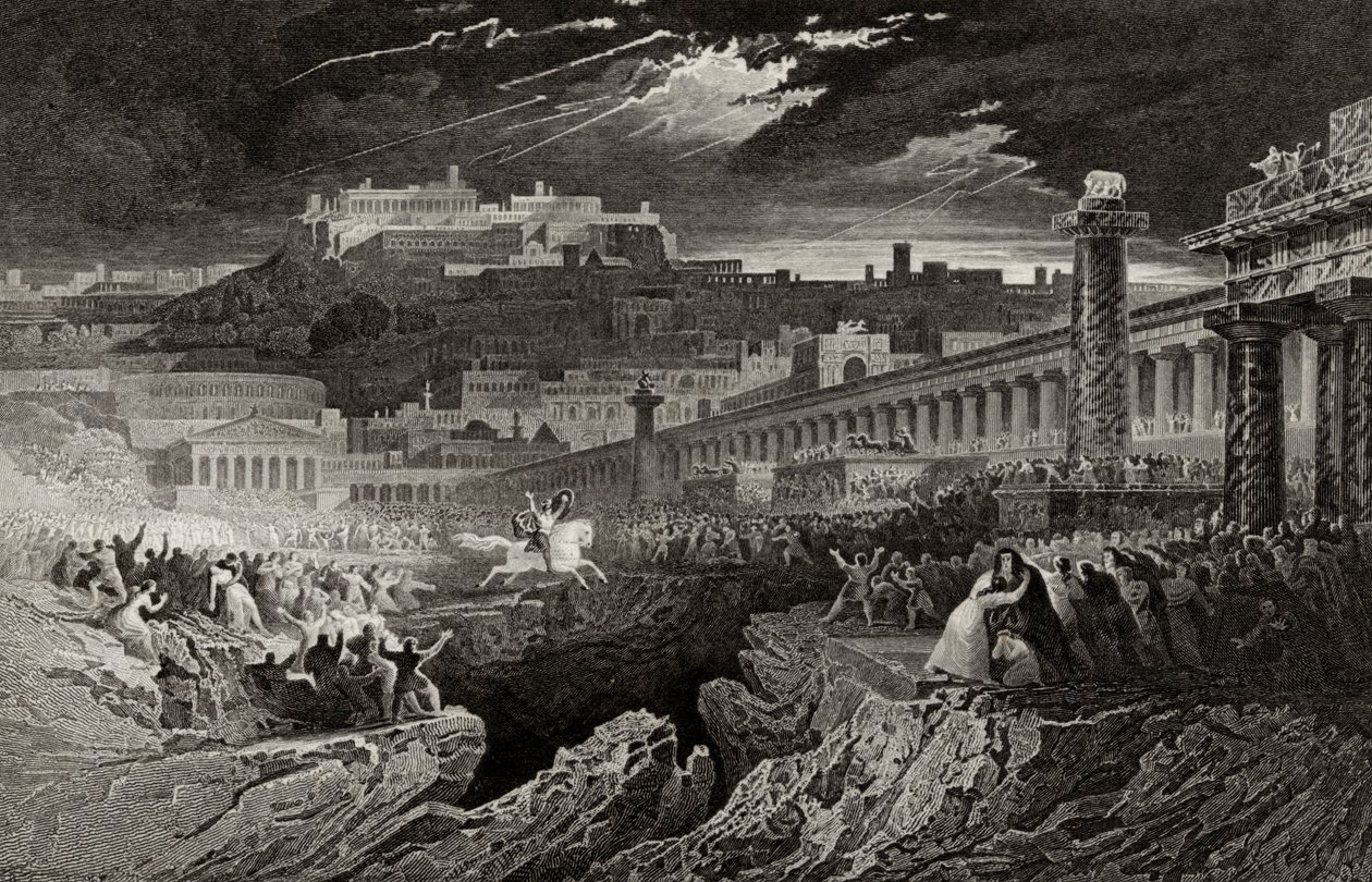 Marcus Curtius rider ind i kløften, indgraveret af H. Le Keux af John Martin