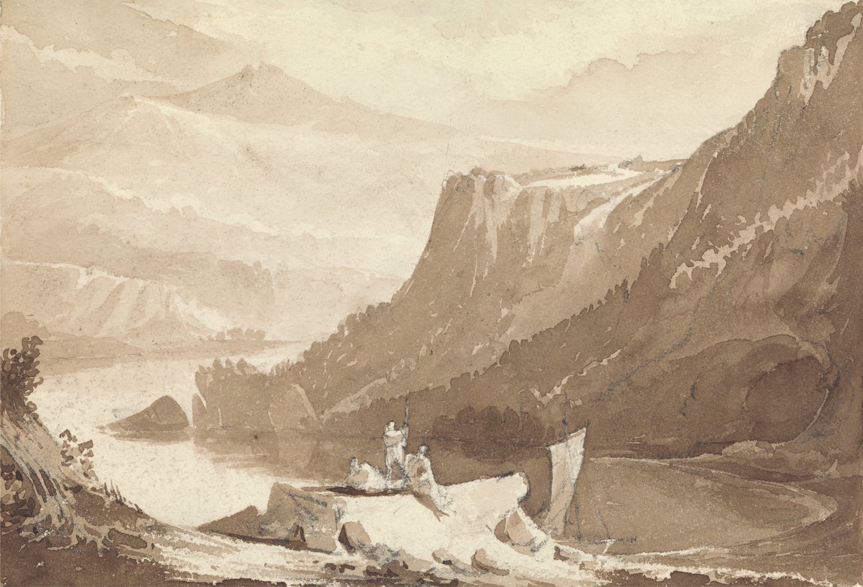 Bjerglandskab med figurer og en klippe over en sø af John Martin