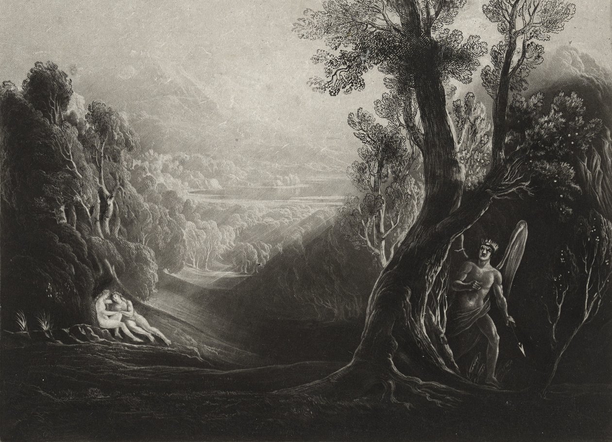 Satan overvejer og Eva i paradis, ca. 1827 (mezzotint) af John Martin