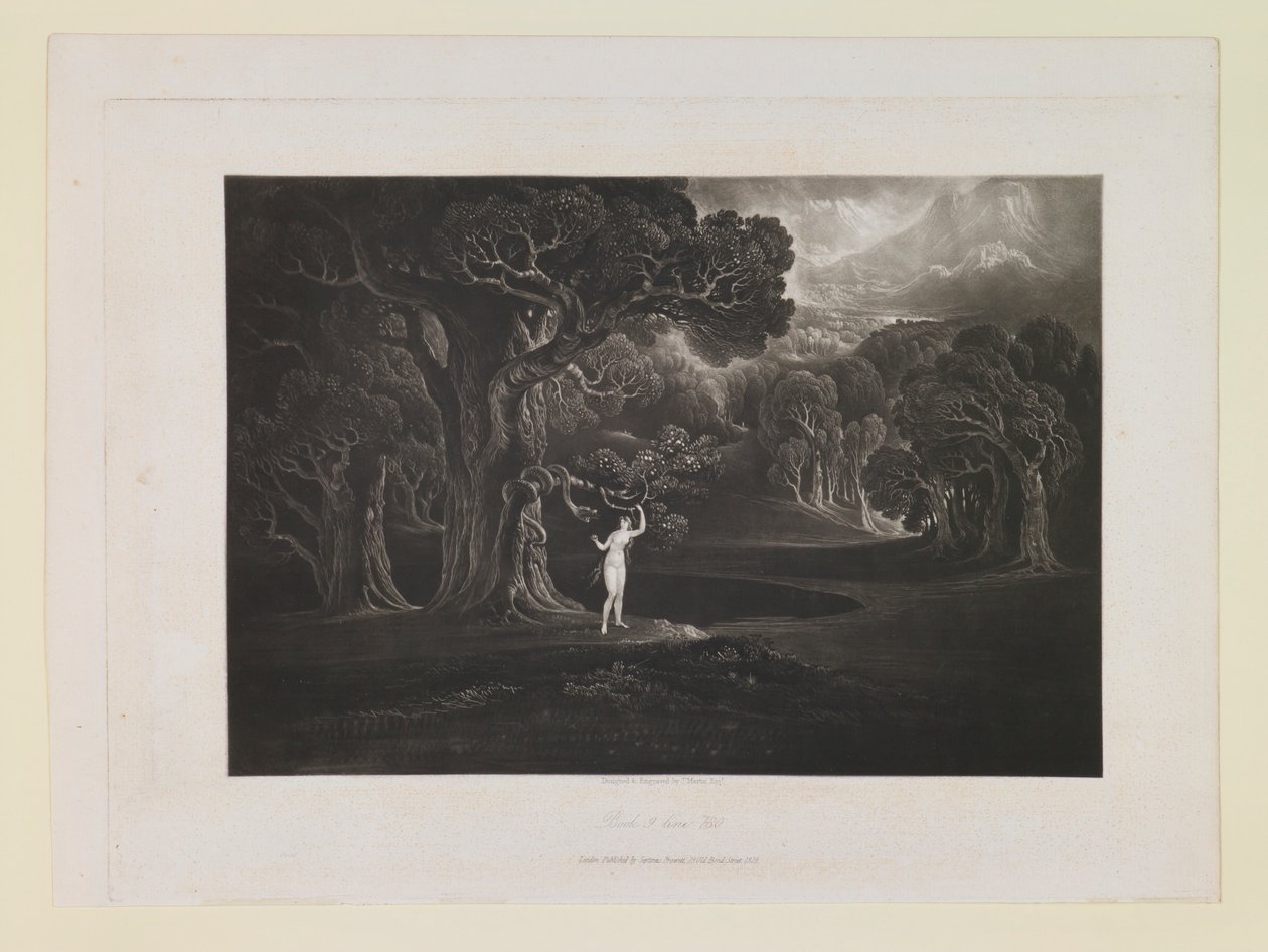 Satan frister Eva, bog 9, linje 780, fra „Det tabte paradis“ af John Martin