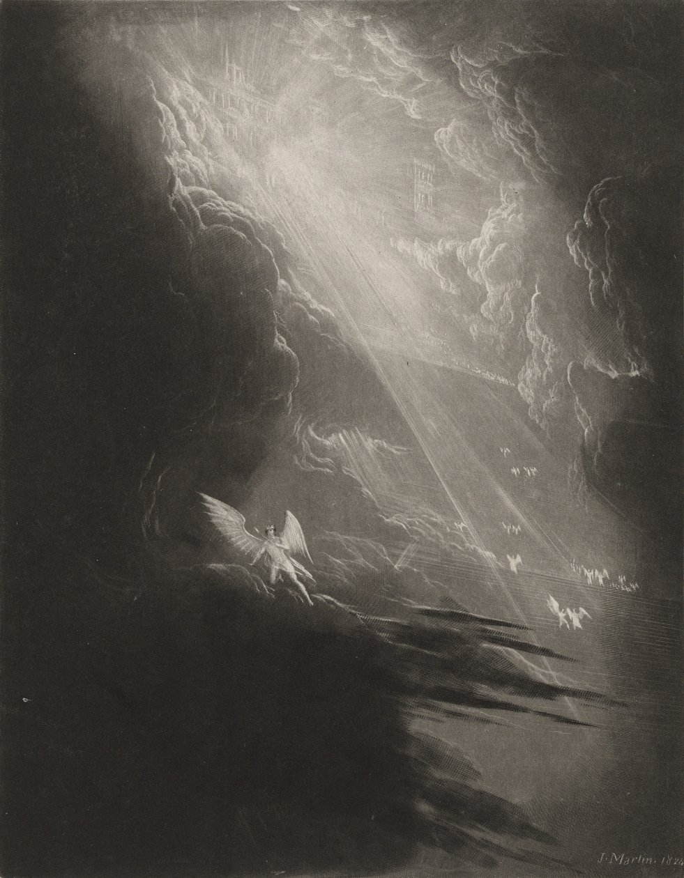 Satan ser på opstigningen til himlen, ca. 1827 (mezzotint) af John Martin