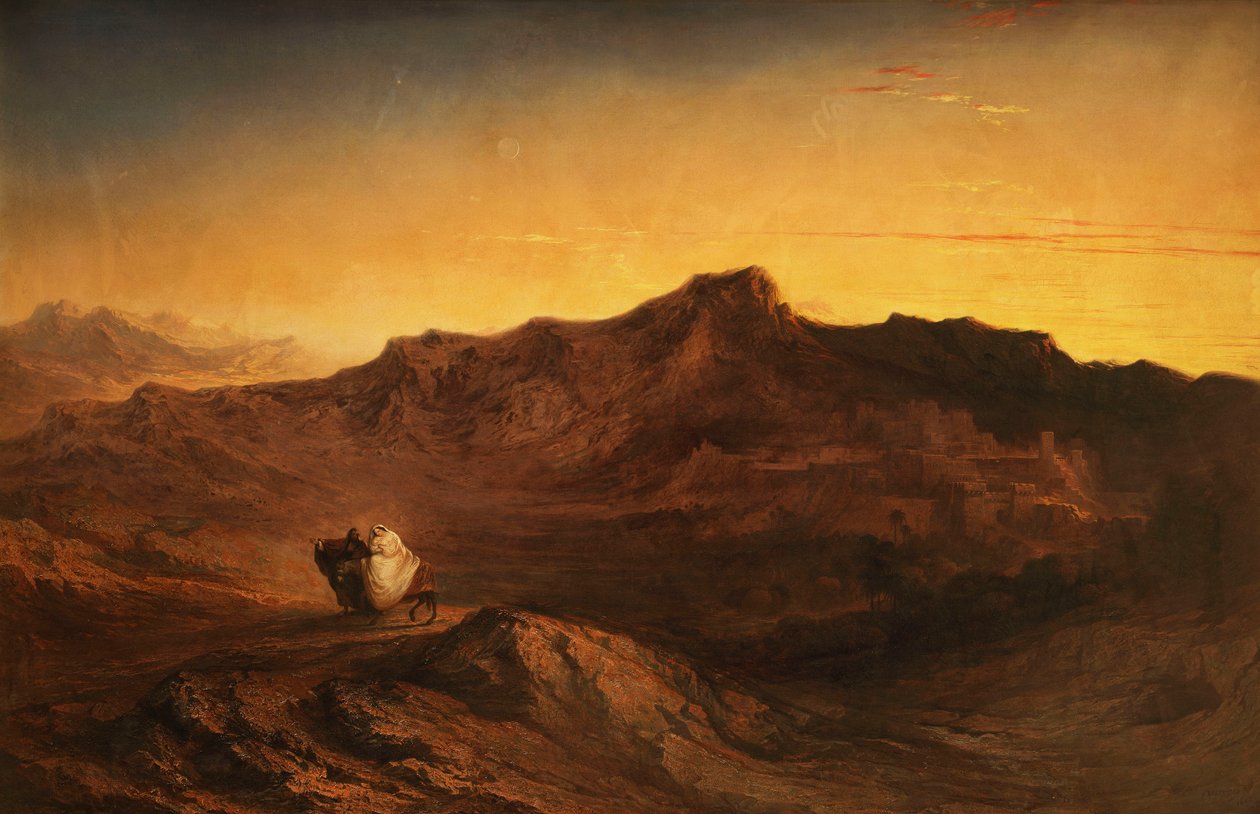 Flugten til Egypten - Da han rejste sig, tog han det unge barn og hans mor om natten og rejste til Egypten.-Mattæus II, 14, 1842 af John Martin