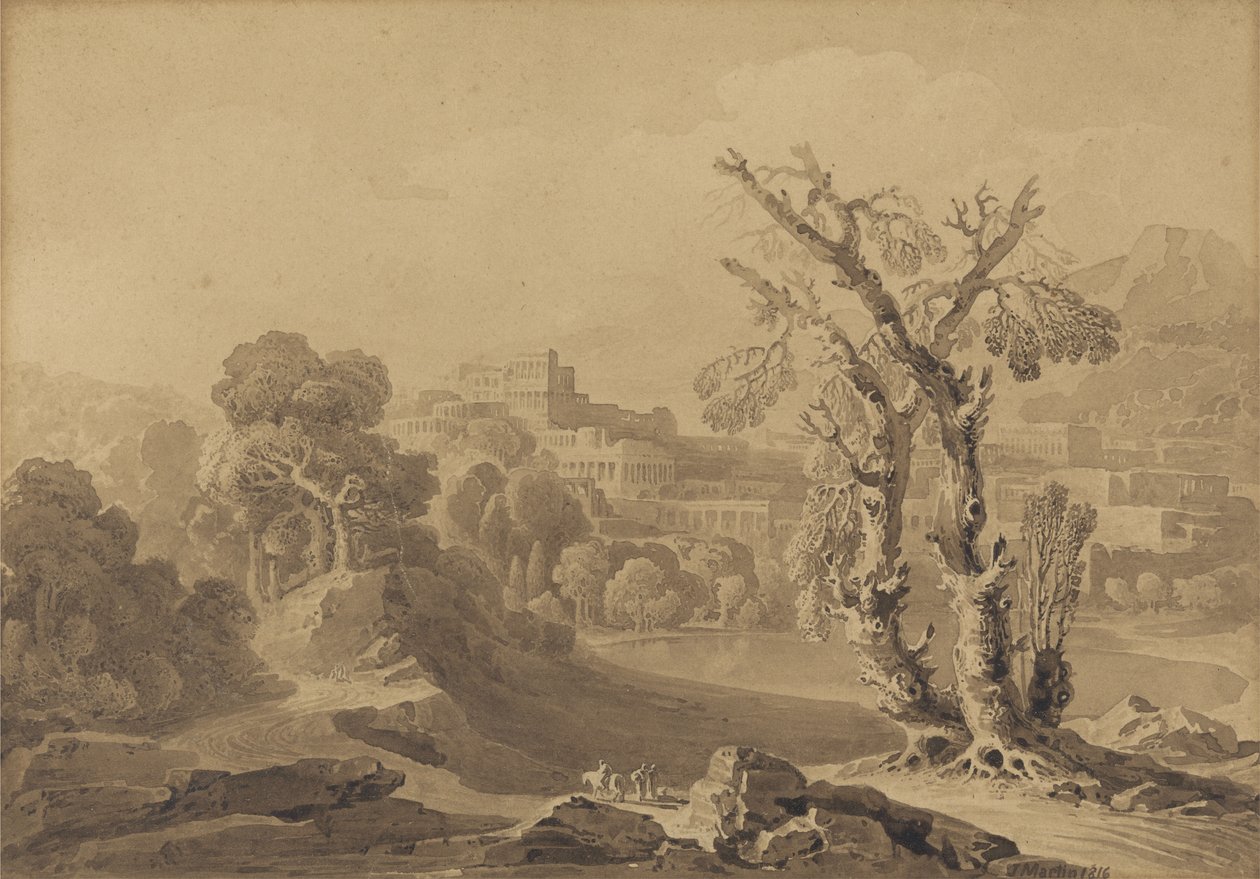 Uden titel: Klassisk by i et landskab, 1816 (vask på kort) af John Martin