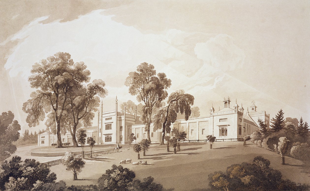 Udsigt over Farm House med skærm til stalde og landbrugsbygninger til Sezincote House, indgraveret af Frederick Christian Lewis Snr. (1779-1856), ca. 1817-18 (sepiaakvatint) af John Martin