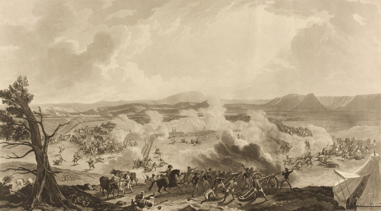 Slaget ved Kirkee udkæmpet den 5. november 1816, hvor mindeværdige lejlighed 4785 [sic] britiske tropper besejrede Mahratta-hæren (akvatint, farvet) af John Massey (after) Wright