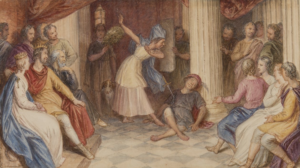 Pyramus og Thisbe, Skærsommernatsdrøm, V. akt, Scene I, ca. 1840 (wc på papir) af John Massey Wright