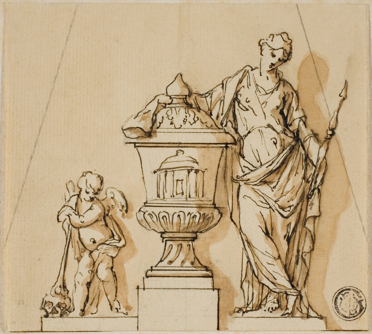 Design til et begravelsesmonument med skæbne, putto og urne af John Michael Rysbrack