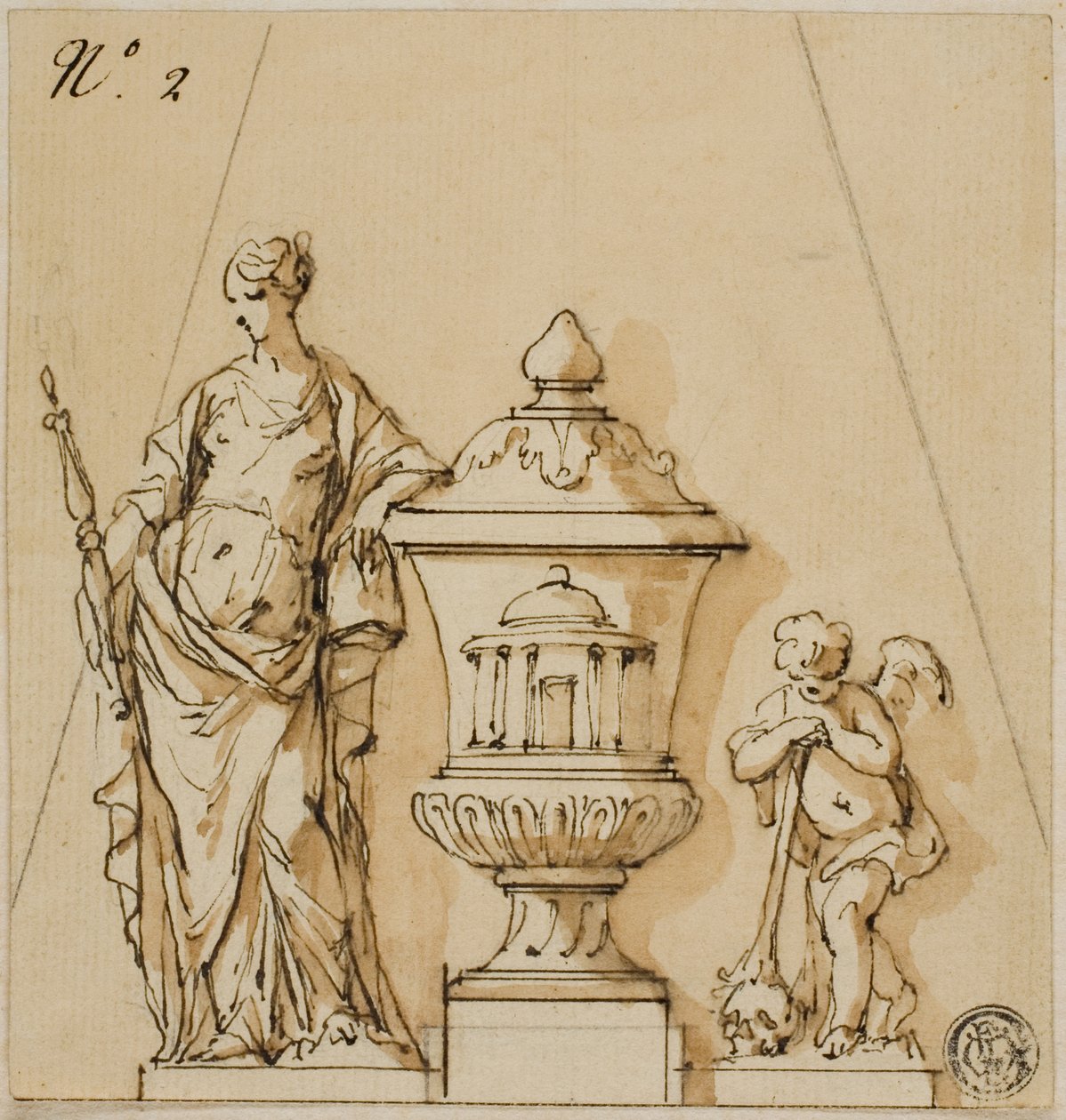 Design til et begravelsesmonument med skæbne, urne, putto af John Michael Rysbrack