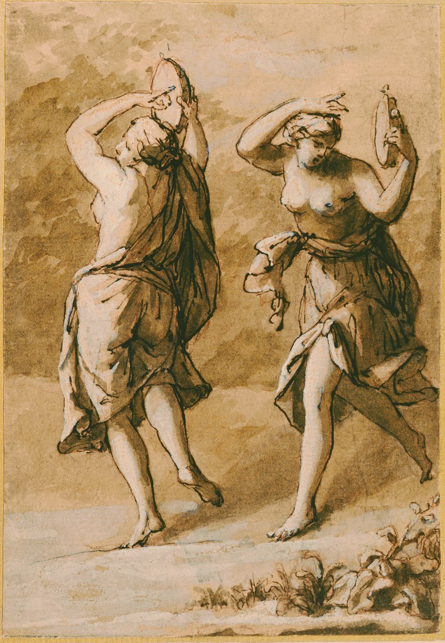Two Maenads, A Study (brun vask med hvide highlights og brunt blæk på papir) af John Michael Rysbrack
