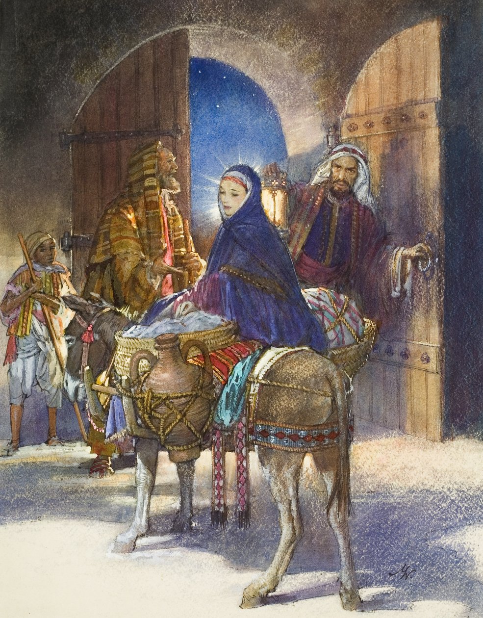 Fortællingen om kroværten: Maria og Josef ankommer til Betlehem (gouache på papir) af John Millar Watt