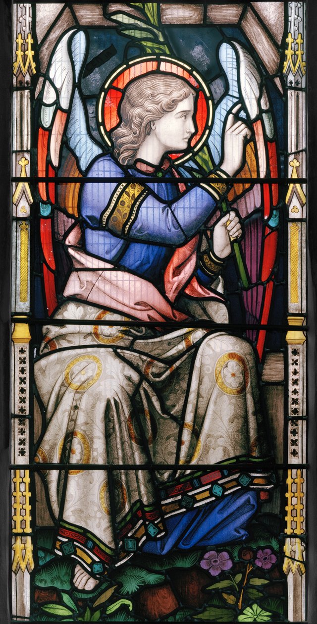 Engel, detalje fra De tre Mariaer ved graven, 1865 (glasmaleri) af John Millner Allen