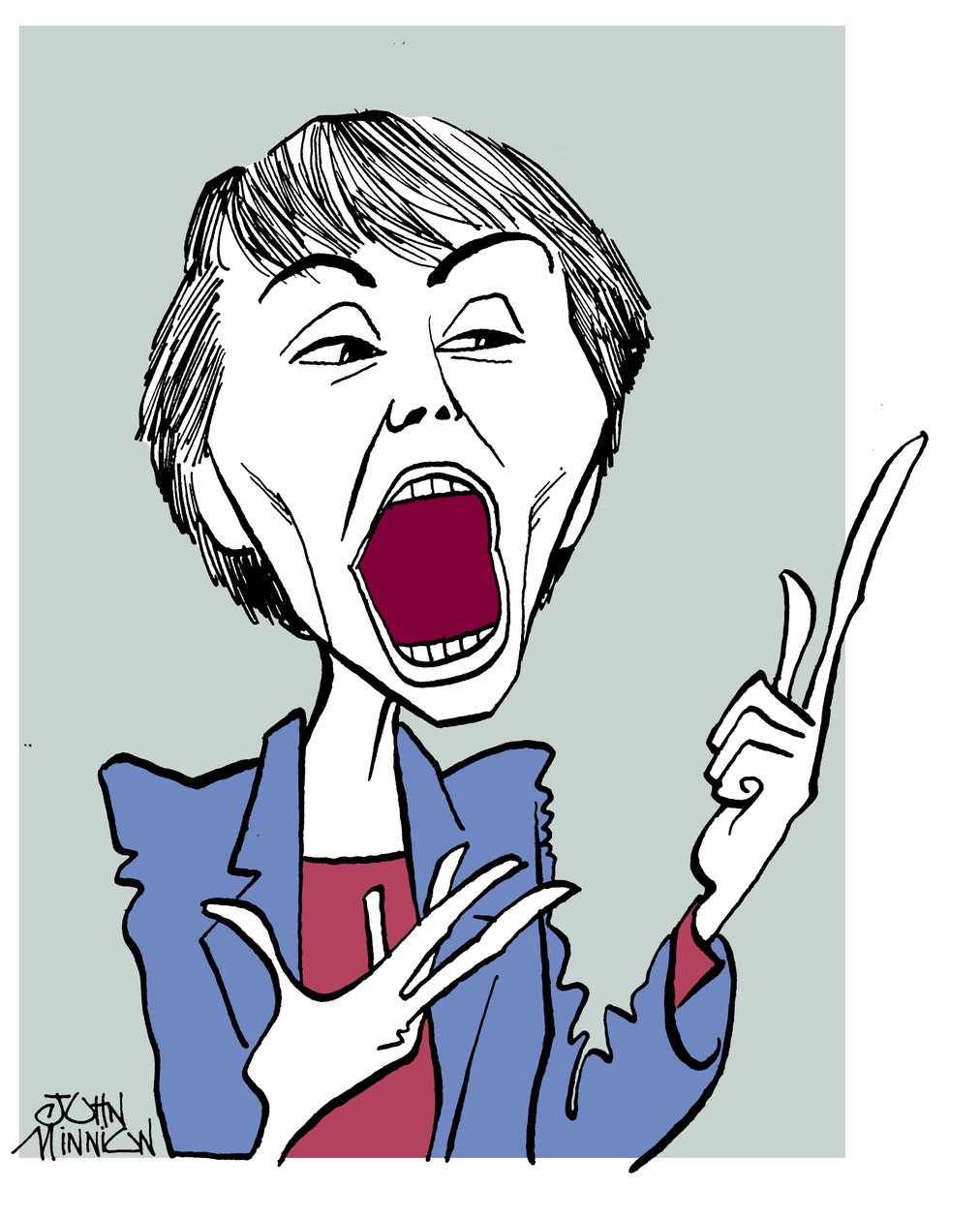 Camille Paglia - karikatur med åben mund af John Minnion