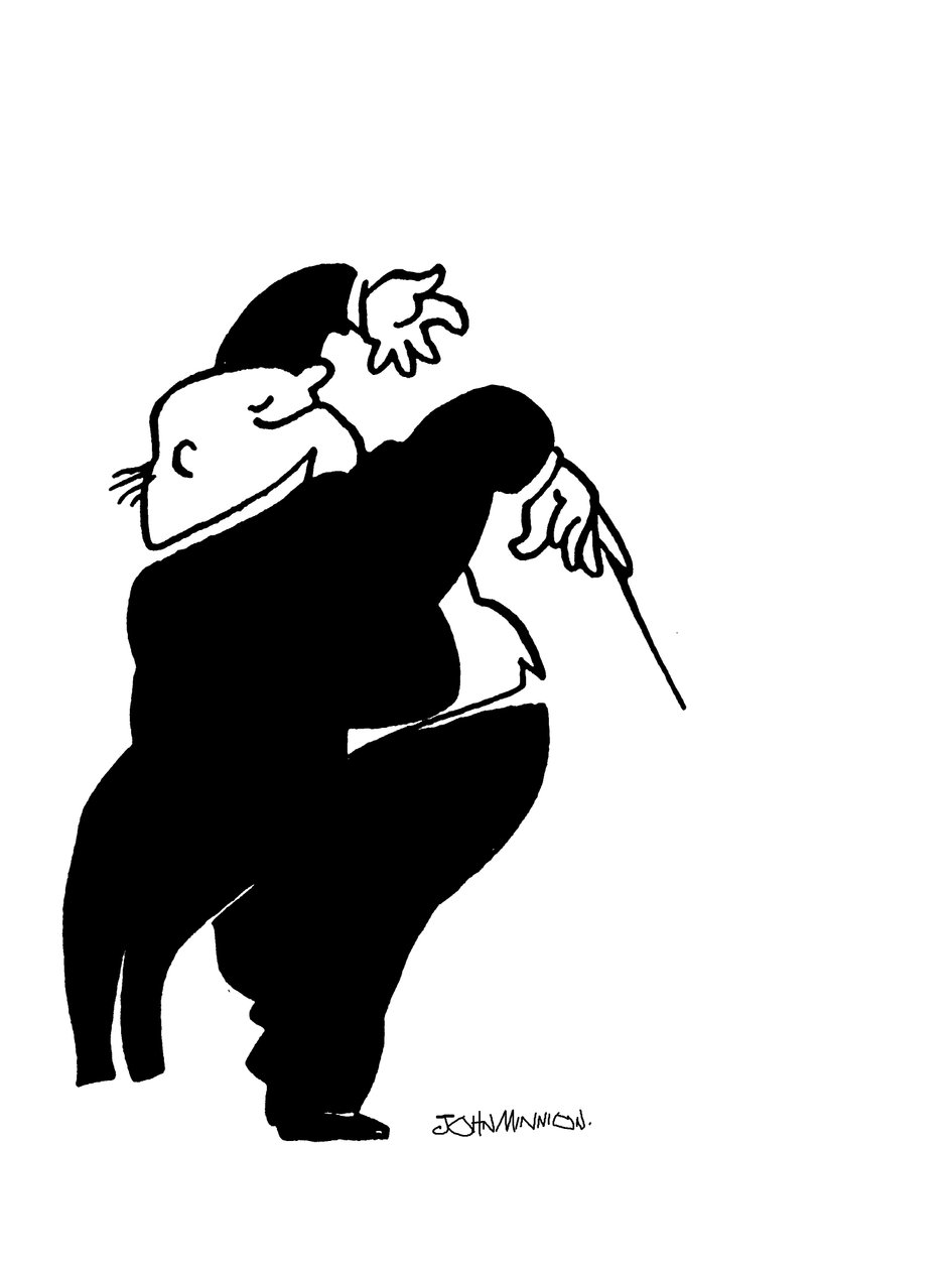 Karikatur af en munter, fed dirigent af John Minnion