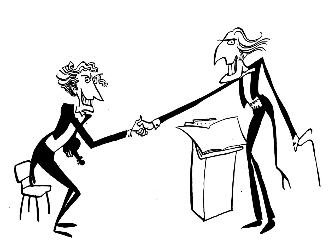 Karikatur af en dirigent, der hilser på orkesterlederen af John Minnion