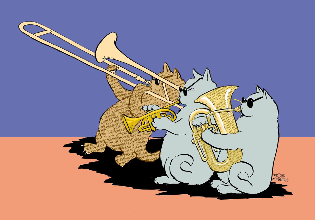 Karikatur af tre katte med solbriller, der spiller trombone, trompet og tuba af John Minnion