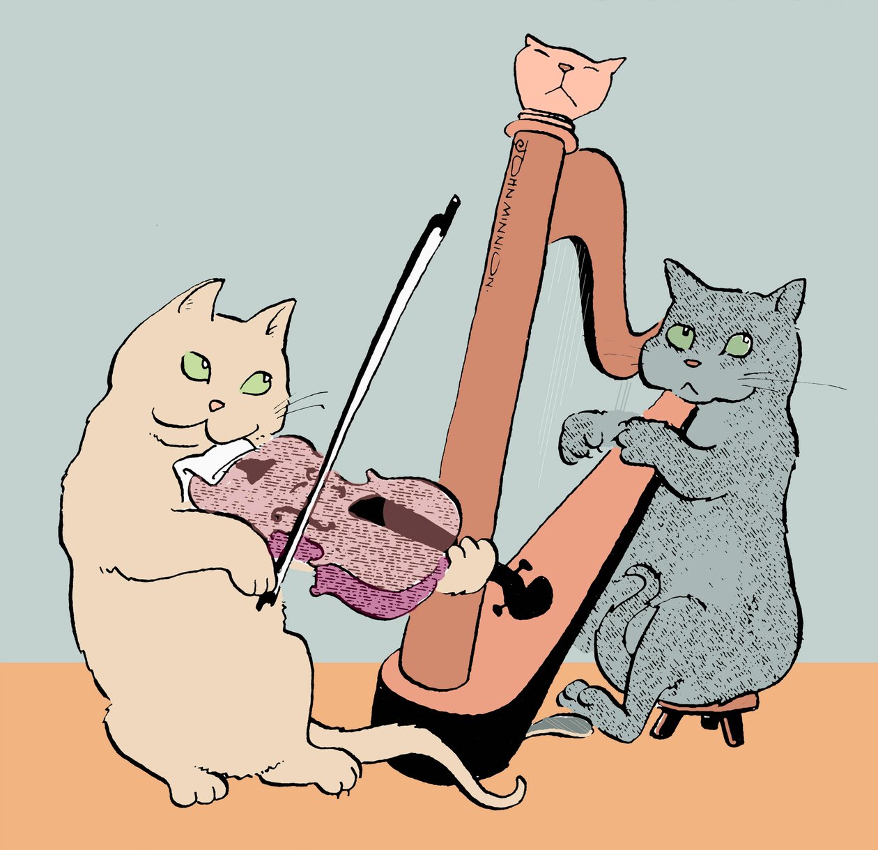 Karikatur af to katte, der spiller harpe og bratsch af John Minnion