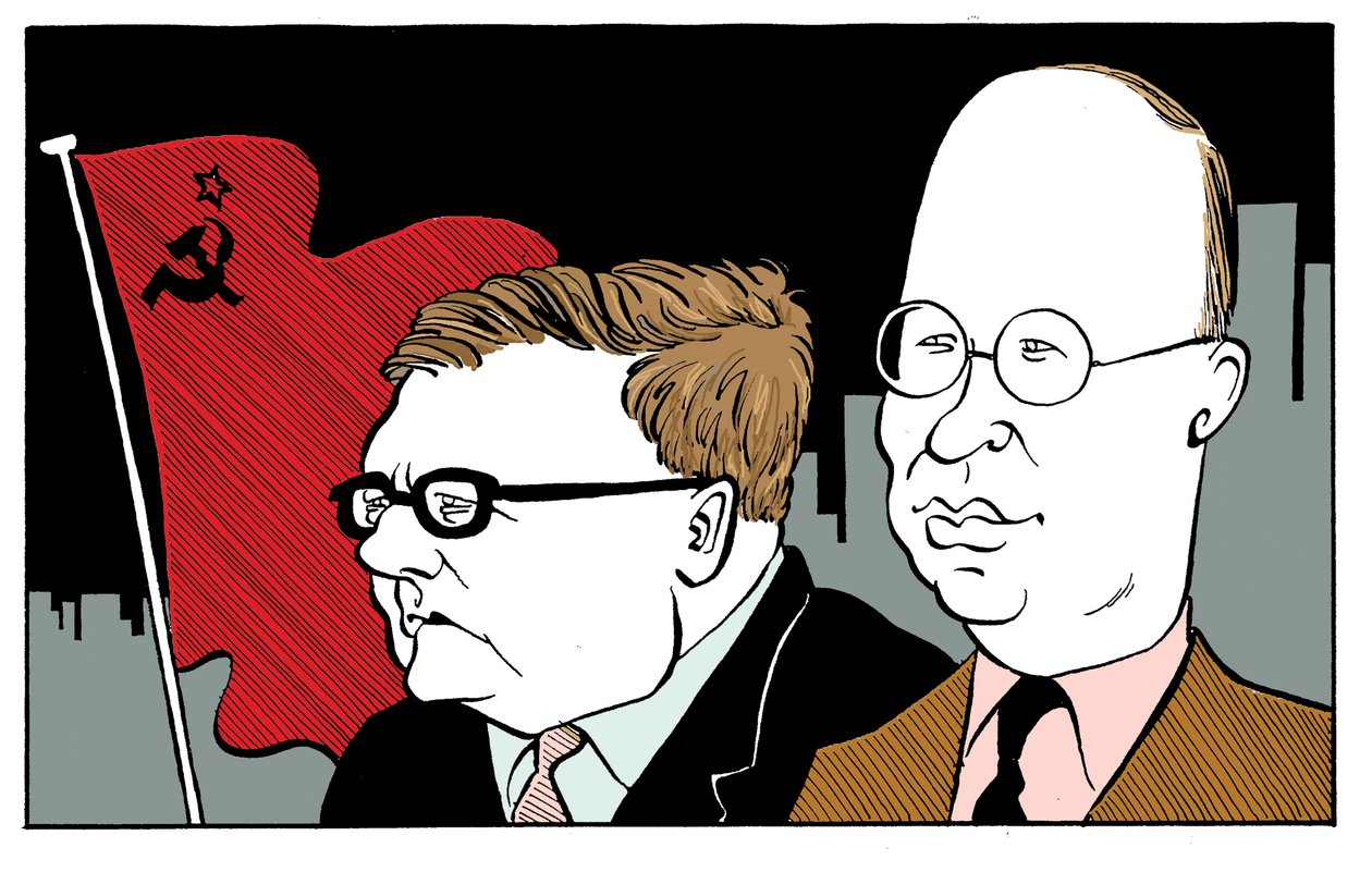 Dmitrij Sjostakovitj med Sergej Prokofjev med sovjetisk flag af John Minnion