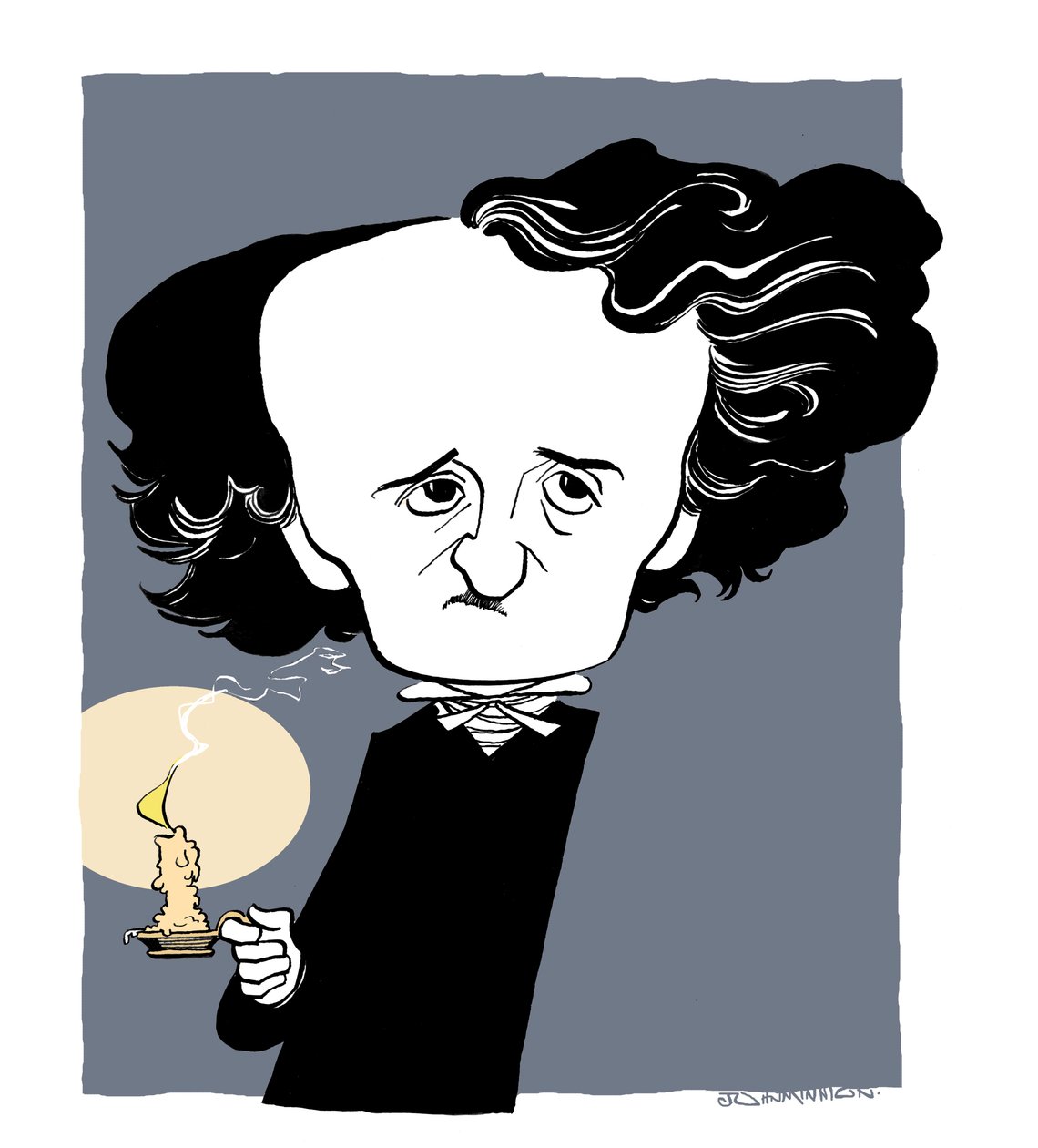Edgar Allan Poe - karikatur, holder lysestage af John Minnion