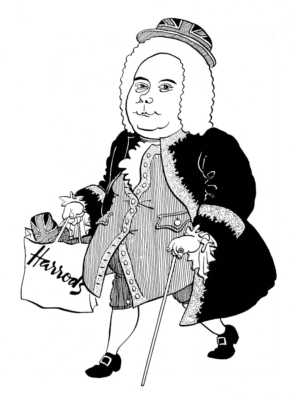 Georg Friedrich - George Frideric Handel - karikatur af den tyske (senere engelske) komponist med Union Jack-hat og Harrods-taske af John Minnion