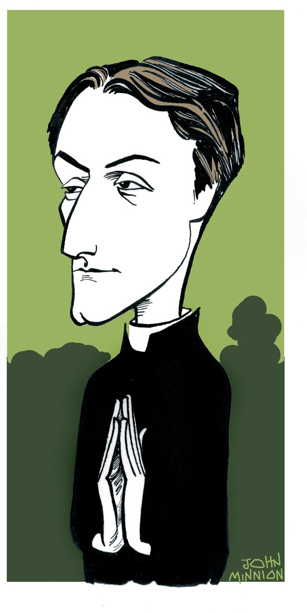 Gerard Manley Hopkins karikatur, engelsk digter, romersk-katolsk konvertit og jesuiterpræst: 28. juli 1844 - 8. juni 1889 af John Minnion