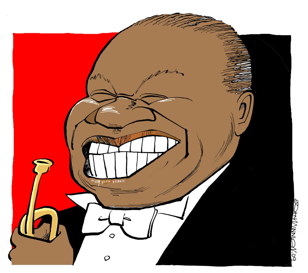 Louis Armstrong - karikatur, spiller på sin trompet af John Minnion