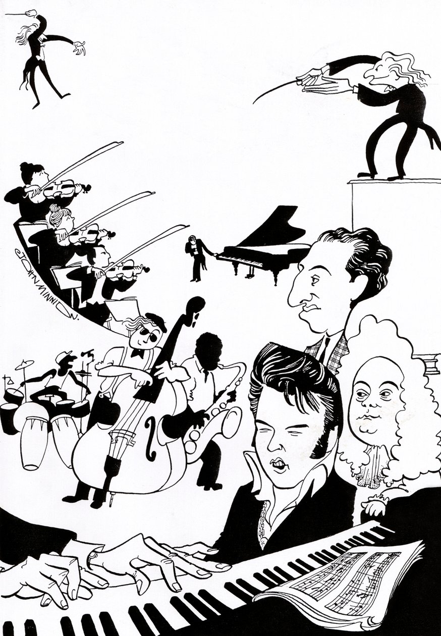 Musikfantasi - omslag til musikbog eller artikel - med dirigenter, musikere, instrumenter, violin, trommer, kontrabas, saxofon, klaver, partitur, Elvis, Bach, af John Minnion