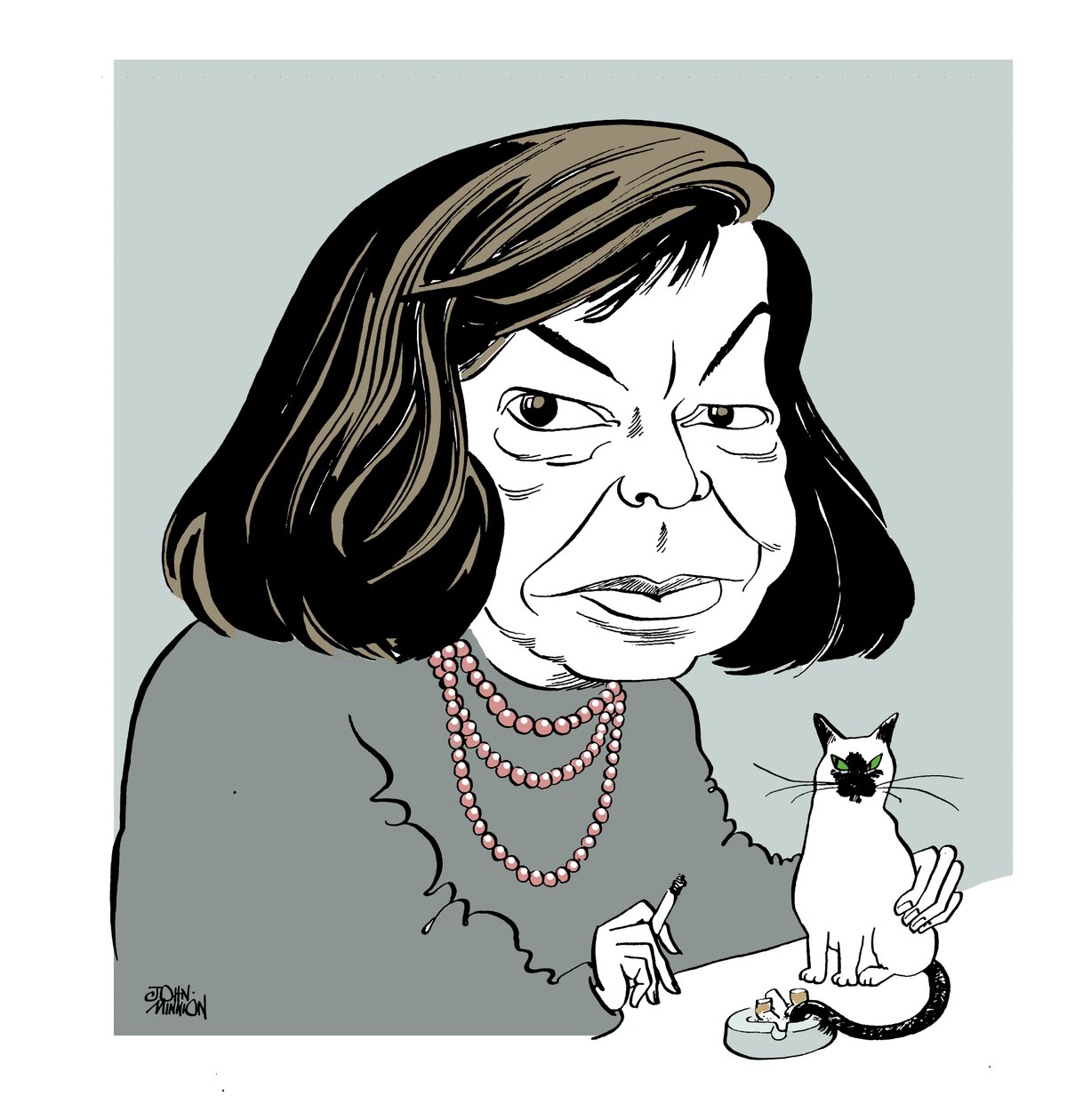 Patricia Highsmith - karikatur med sin kat, der ryger af John Minnion