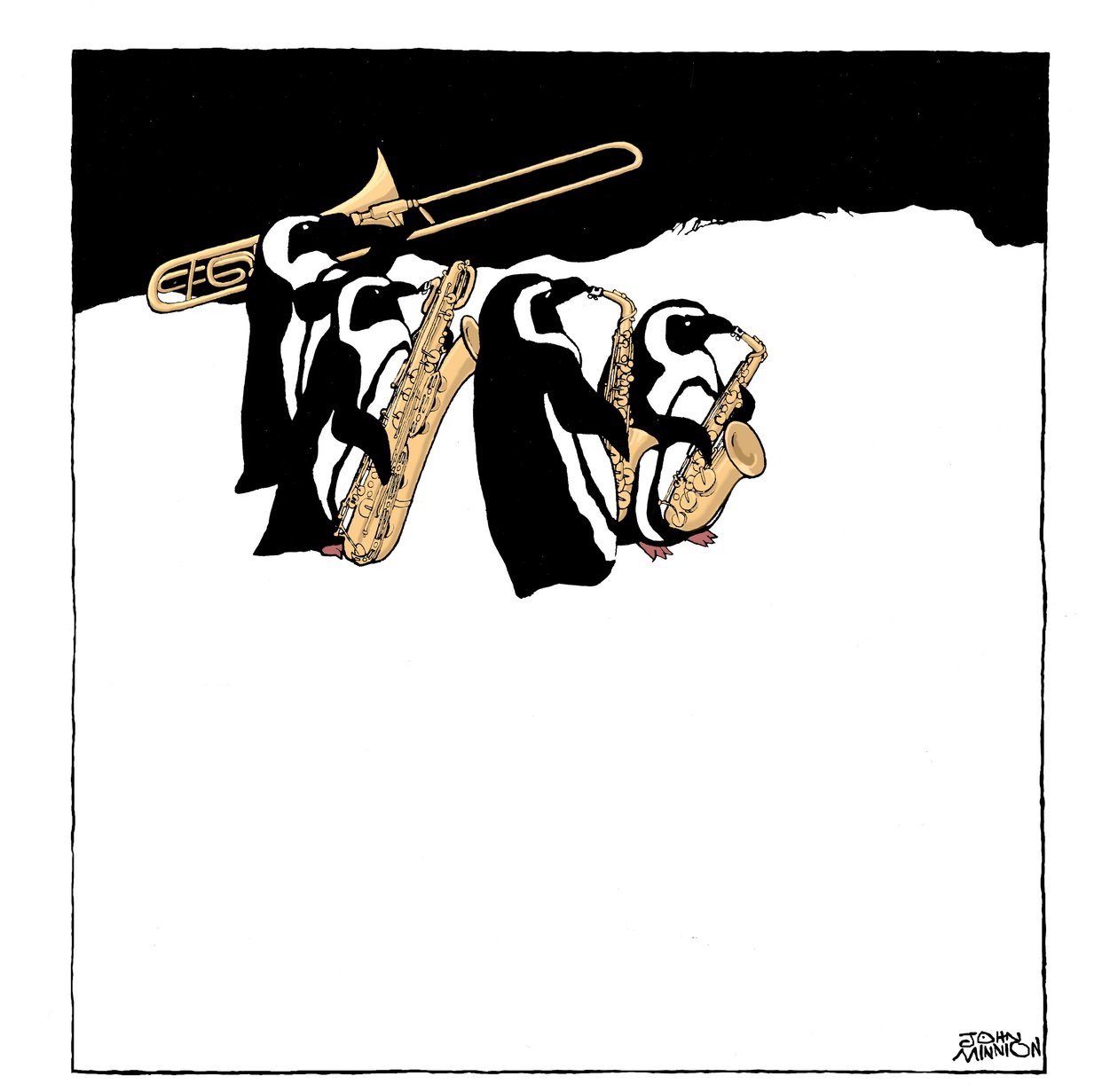Pingvinband - karikatur af en gruppe pingviner, der spiller messinginstrumenter - basun og saxofoner af John Minnion