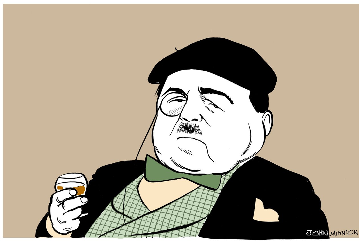 Reynaldo Hahn - karikatur af den tysk-venezuelanske komponist og dirigent med et glas vin af John Minnion