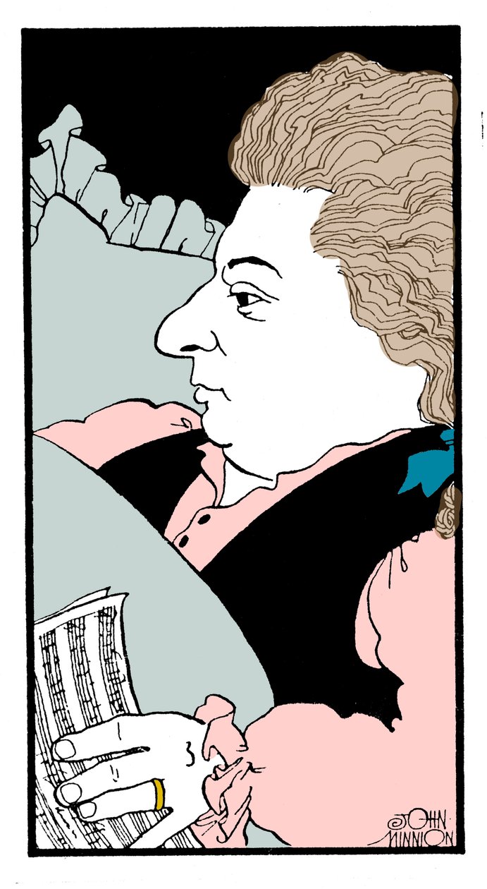 Wolfgang Amadeus Mozart - karikatur af den østrigske komponist på sit dødsleje af John Minnion