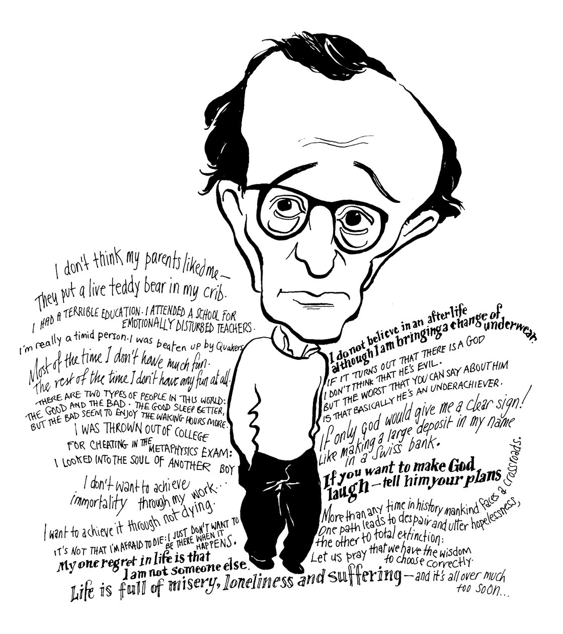 Woody Allen karikatur, amerikansk filminstruktør, forfatter, skuespiller, komiker og dramatiker: b af John Minnion