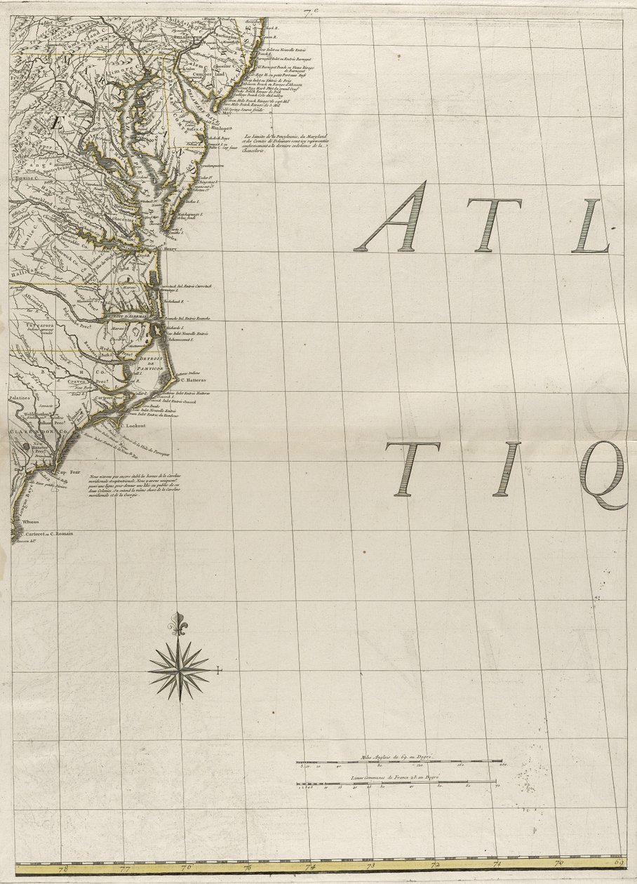 Et kort over de britiske og franske herredømmer i Amerika, 1756 (gravering med konturfarve på papir) af John Mitchell
