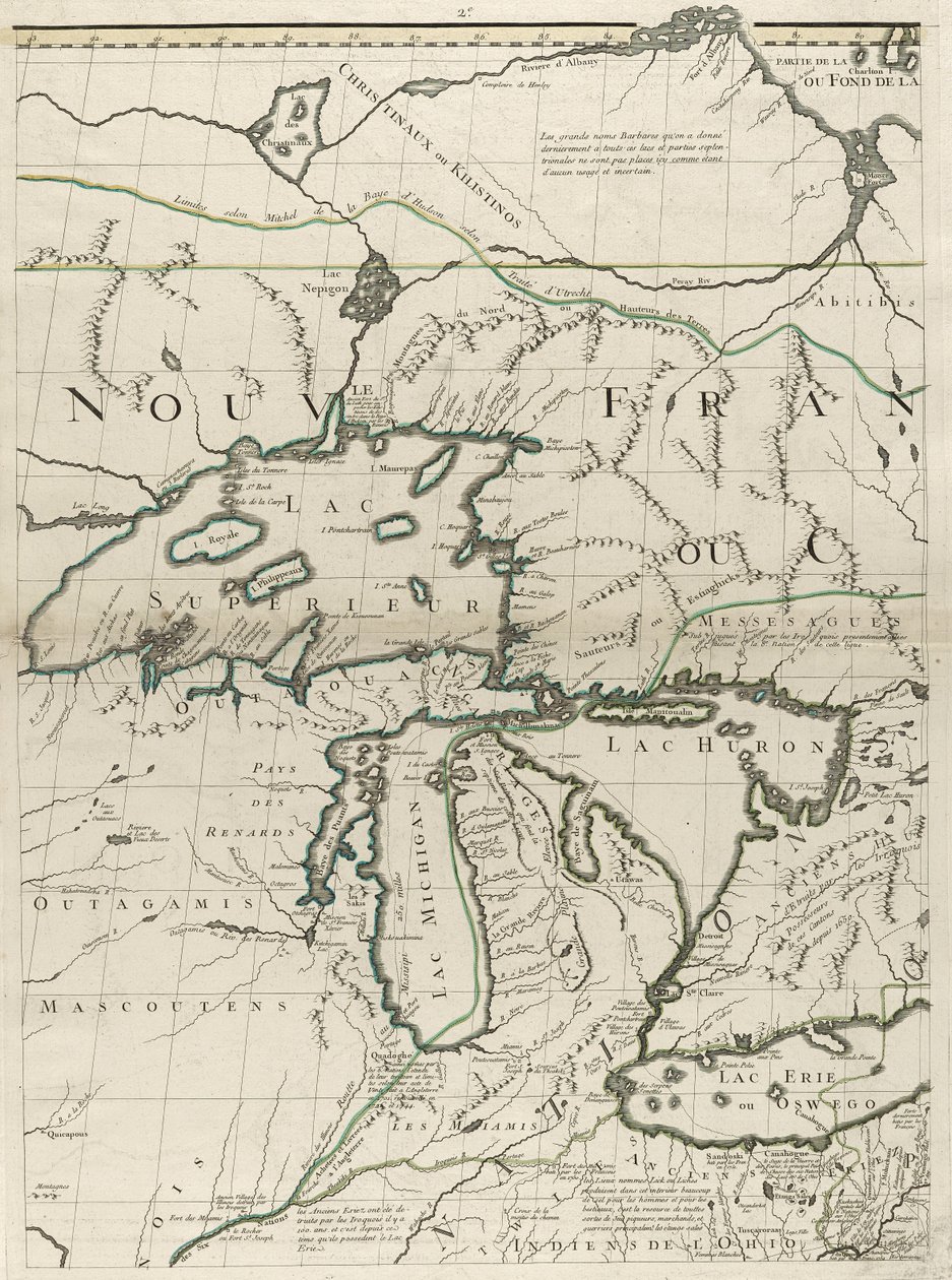 Et kort over de britiske og franske dominioner i Amerika, 1756 (stik med omrids i farver på papir) af John Mitchell
