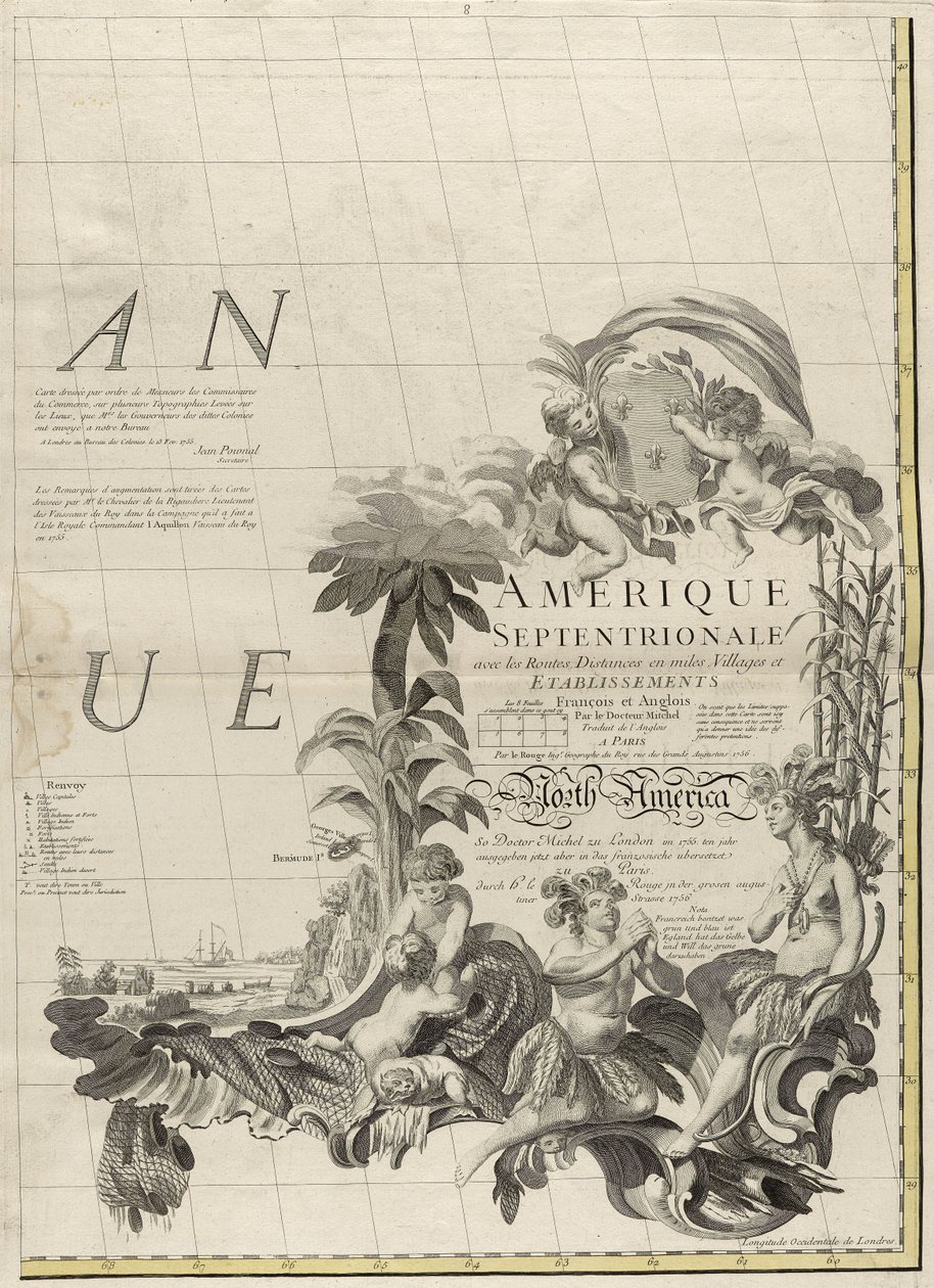 Et kort over de britiske og franske herredømmer i Amerika, 1756 (gravering med konturfarve på papir) af John Mitchell