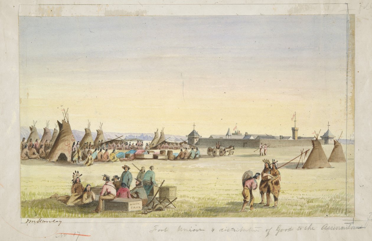 Fort Union og uddeling af varer til assiniboinerne af John Mix Stanley