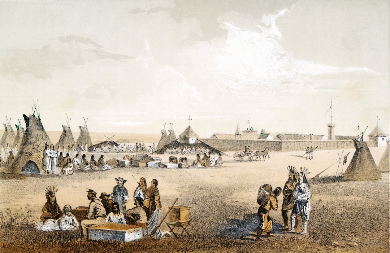 Fort Union, og distribution af varer til Assiniboine, pub. 1860 af John Mix Stanley