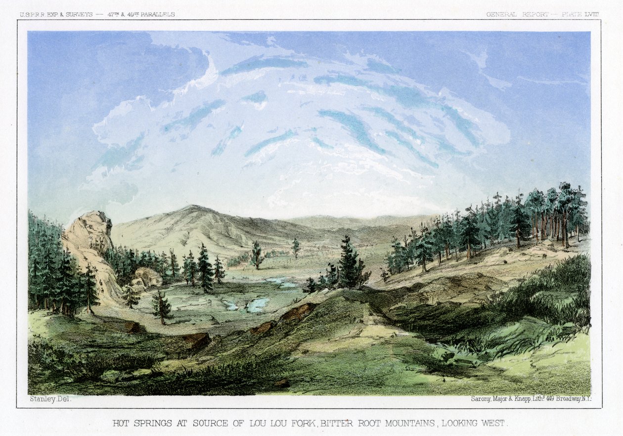 Hot Springs ved deres udspring i Lou Lou Fork, Bitterroot Mountains, Montana, USA, 1856. af John Mix Stanley