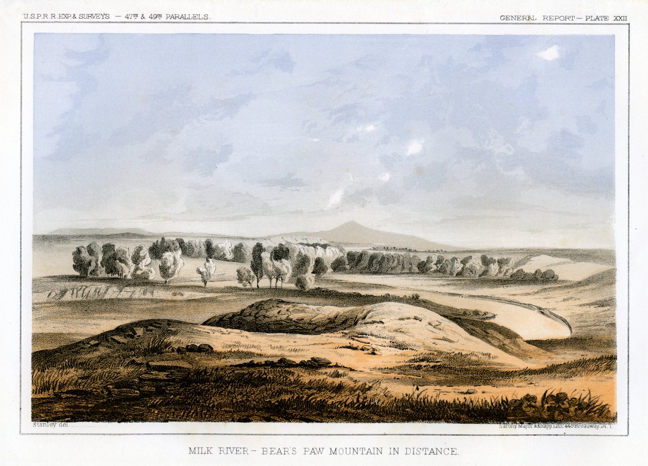 Milk River, med Bears Paw Mountain i det fjerne, Montana, USA, 1856. af John Mix Stanley